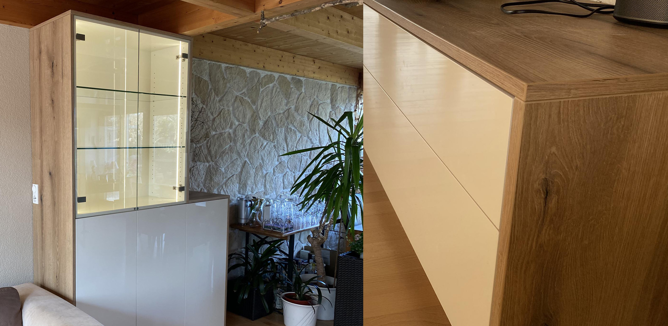 Wohnzimmerschrank Asteiche mit Vitrine und Ablagefläche